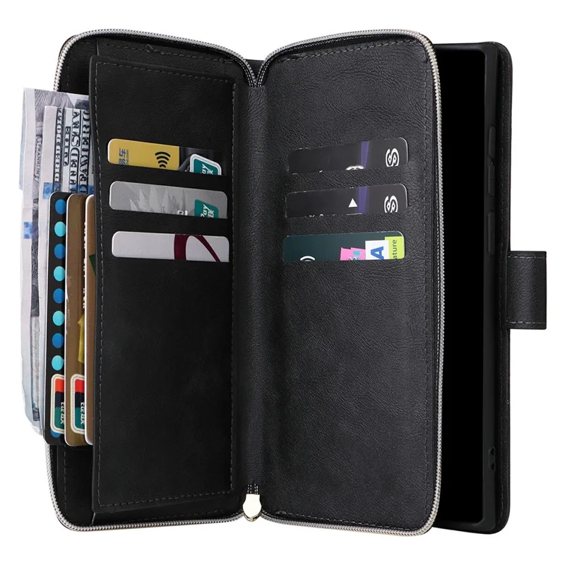 For Samsung Galaxy S25 Ultra Case Zipper Pocket PU Leather Phone Cover with Hand Strap - Black - 3