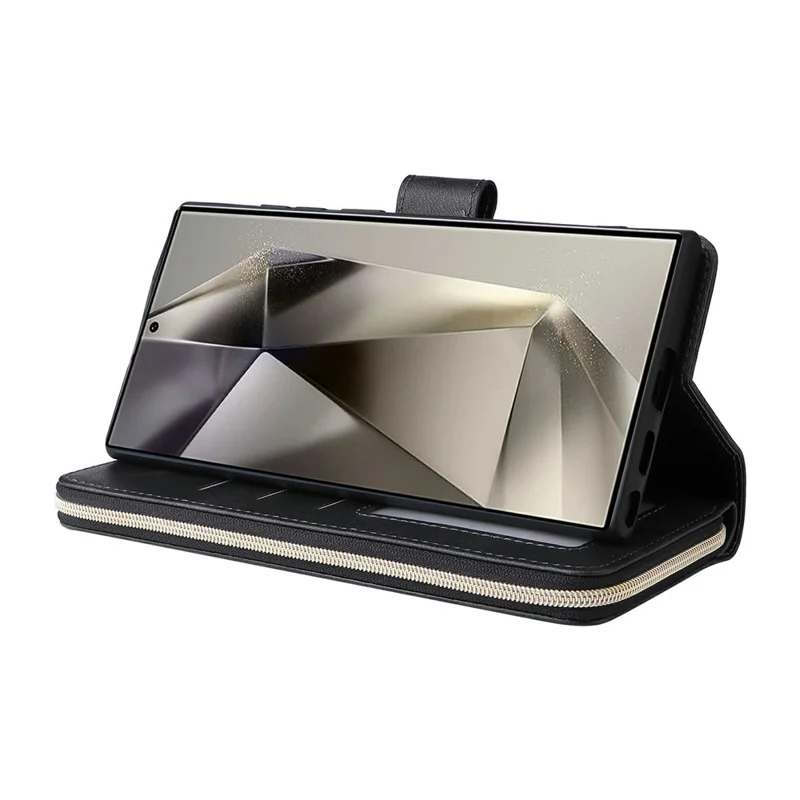 For Samsung Galaxy S25 Ultra Case Zipper Pocket PU Leather Phone Cover with Hand Strap - Black - 4
