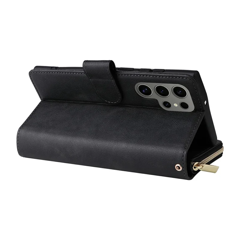 For Samsung Galaxy S25 Ultra Case Zipper Pocket PU Leather Phone Cover with Hand Strap - Black - 5