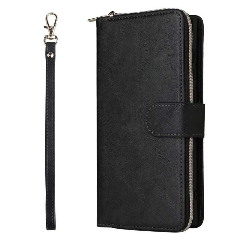For Samsung Galaxy S25 Ultra Case Zipper Pocket PU Leather Phone Cover with Hand Strap - Black - 6