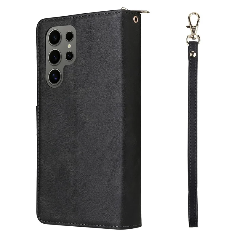 For Samsung Galaxy S25 Ultra Case Zipper Pocket PU Leather Phone Cover with Hand Strap - Black - 7