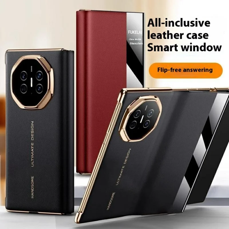 For Huawei Mate XT Ultimate Case View Window Genuine Cow Leather Smart Phone Cover - White+Gold
