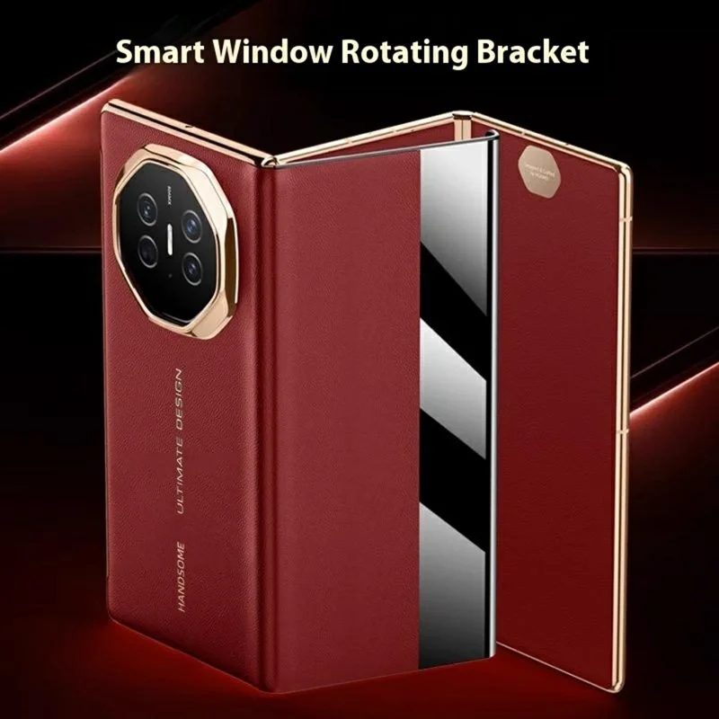 For Huawei Mate XT Ultimate Case View Window Genuine Cow Leather Smart Phone Cover - White+Gold