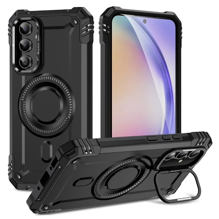 Custodia per Samsung Galaxy A54 5G compatibile con MagSafe, cornice in metallo per obiettivo, supporto, cover in PC+TPU - Nera