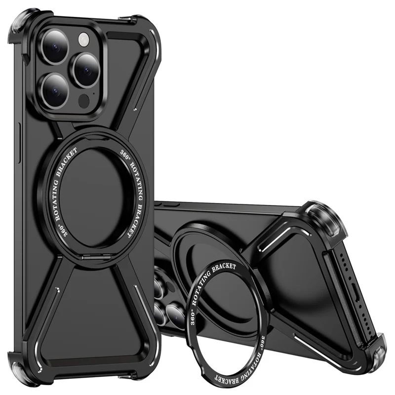 For iPhone 15 Pro Magnetic Case Kickstand Titanium Alloy Bumper Phone Cover - Black