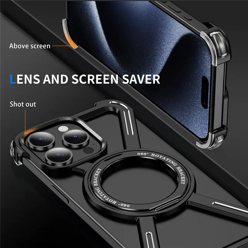 For iPhone 15 Pro Magnetic Case Kickstand Titanium Alloy Bumper Phone Cover - Black