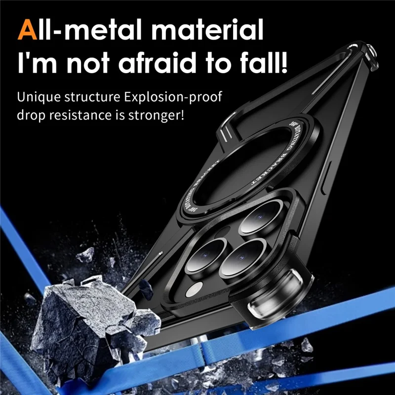 For iPhone 15 Pro Magnetic Case Kickstand Titanium Alloy Bumper Phone Cover - Black