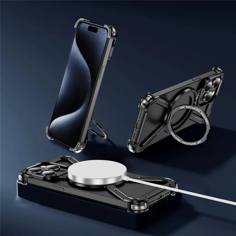 For iPhone 15 Pro Magnetic Case Kickstand Titanium Alloy Bumper Phone Cover - Black