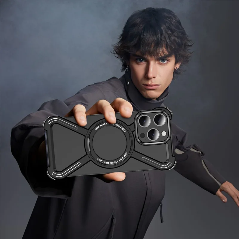 For iPhone 15 Pro Magnetic Case Kickstand Titanium Alloy Bumper Phone Cover - Black