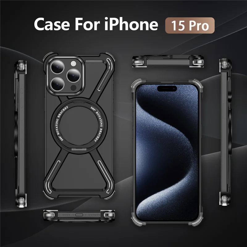 For iPhone 15 Pro Magnetic Case Kickstand Titanium Alloy Bumper Phone Cover - Black