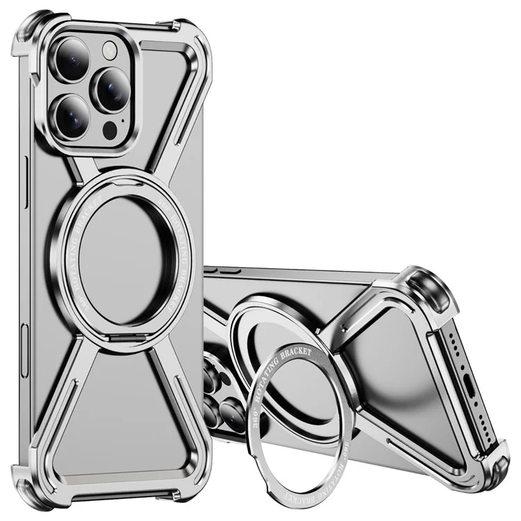 For iPhone 16 Pro Max Magnetic Case Kickstand Titanium Alloy Bumper Phone Cover - Silver