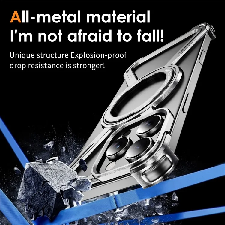For iPhone 16 Pro Max Magnetic Case Kickstand Titanium Alloy Bumper Phone Cover - Silver