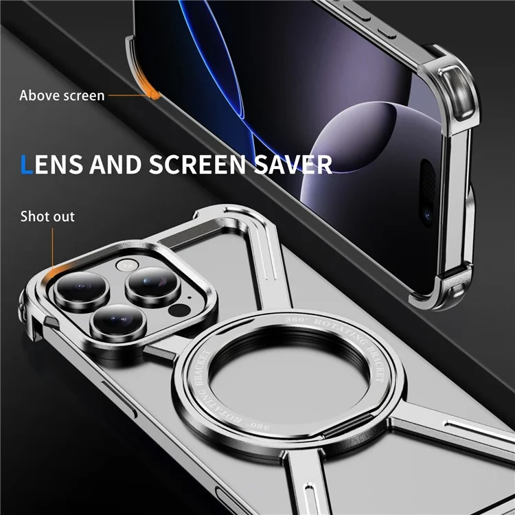 For iPhone 16 Pro Max Magnetic Case Kickstand Titanium Alloy Bumper Phone Cover - Silver