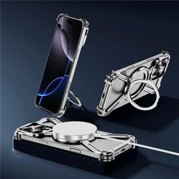 For iPhone 16 Pro Max Magnetic Case Kickstand Titanium Alloy Bumper Phone Cover - Silver