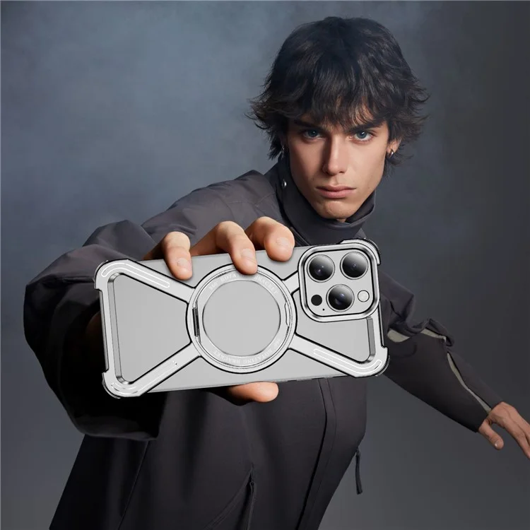 For iPhone 16 Pro Max Magnetic Case Kickstand Titanium Alloy Bumper Phone Cover - Silver