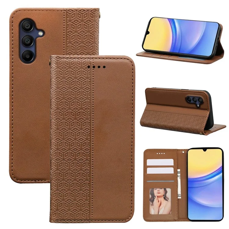 Für Samsung Galaxy A26 5G Wallet Phone Case Starke magnetische karierte Musterprägung Leder Flip Cover - Braun
