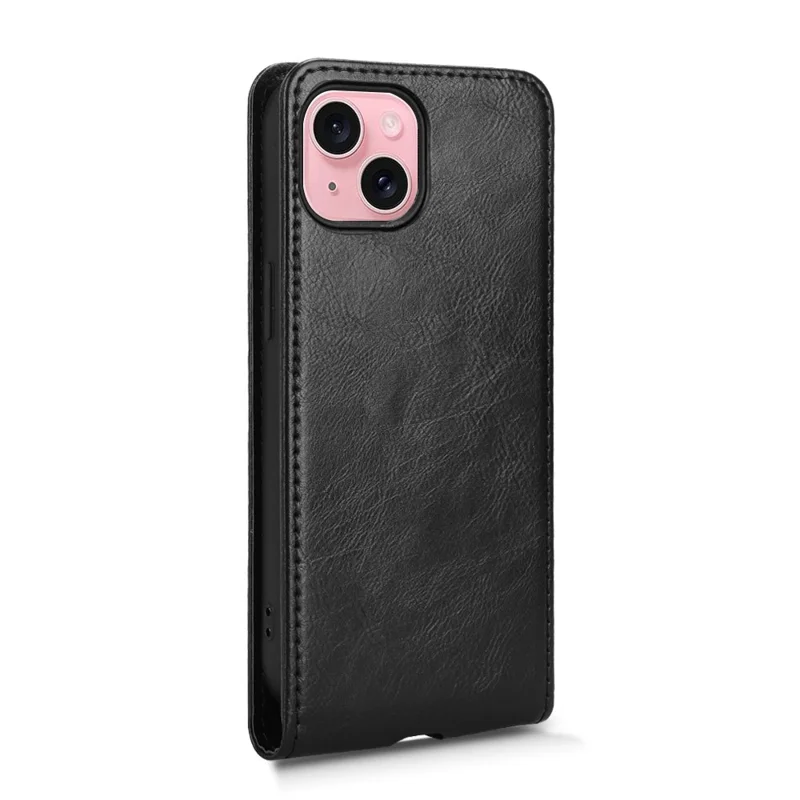 For iPhone 15 Case with Card Slot Magnetic Vertical Flip Leather Phone Cover - Black