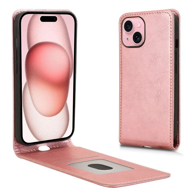 For iPhone 15 Case with Card Slot Magnetic Vertical Flip Leather Phone Cover - Rose Gold