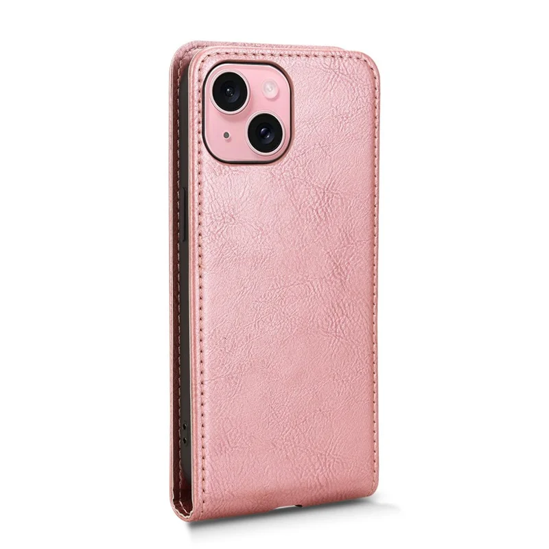 For iPhone 15 Case with Card Slot Magnetic Vertical Flip Leather Phone Cover - Rose Gold