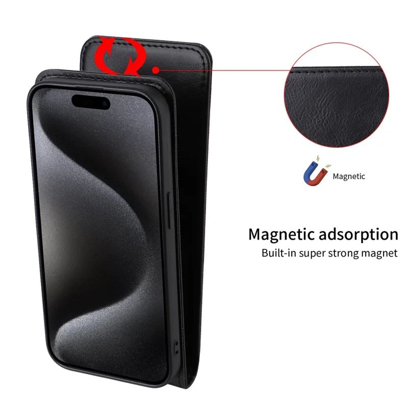 Für iPhone 15 Pro Hülle mit Kartenfach Magnetisches vertikales Flip-Leder-Handyhülle - Schwarz