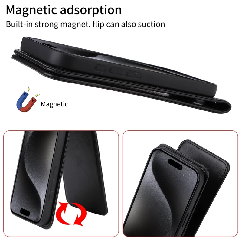 Für iPhone 15 Pro Hülle mit Kartenfach Magnetisches vertikales Flip-Leder-Handyhülle - Schwarz