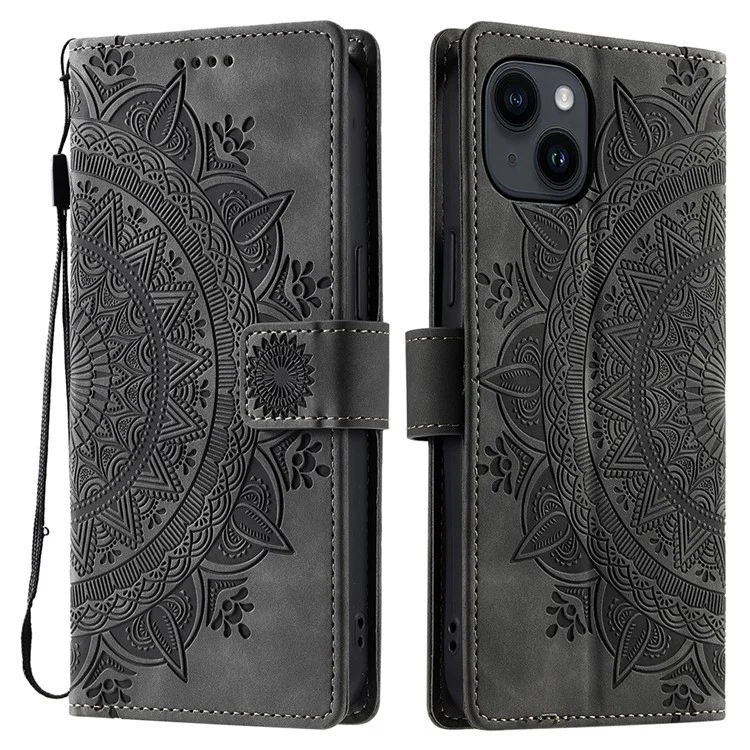 Funda para iPhone 13 Estilo 018 con piel de tótem estampada y sensación de cuero tipo cartera - Gris