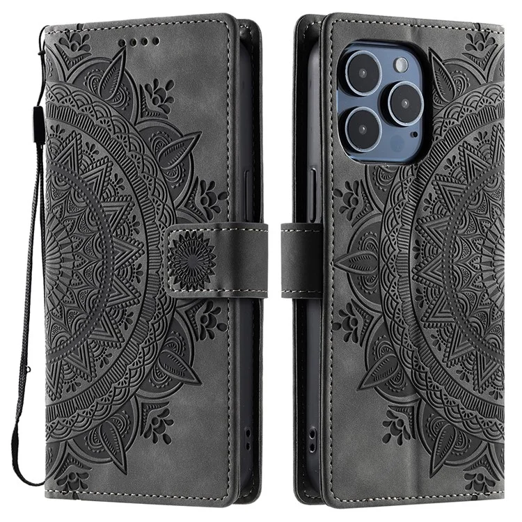 Style 018 Hülle für iPhone 13 Pro Max mit geprägtem Totem-Hautgefühl, Leder-Geldbörse - Grau