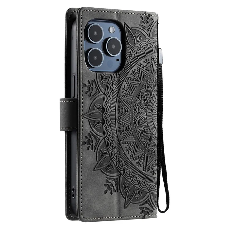 Style 018 Hülle für iPhone 13 Pro Max mit geprägtem Totem-Hautgefühl, Leder-Geldbörse - Grau
