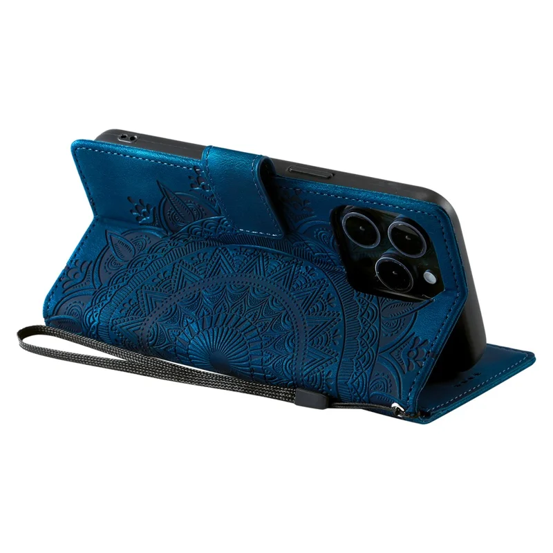 Style 018 For iPhone 13 Pro Max Case Imprinted Totem Skin Feel Wallet Leather Phone Cover - Blue
