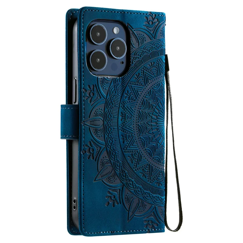 Style 018 For iPhone 13 Pro Max Case Imprinted Totem Skin Feel Wallet Leather Phone Cover - Blue