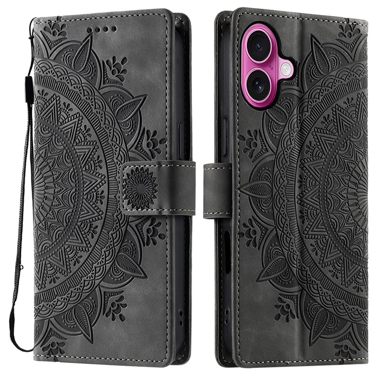 Funda para iPhone 16 Plus, estilo 018, con piel de cartera grabada con un diseño de tótem, color gris.