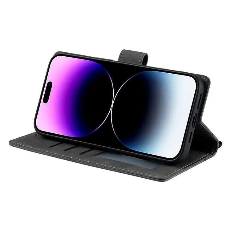 Funda para iPhone 16 Plus, estilo 018, con piel de cartera grabada con un diseño de tótem, color gris.