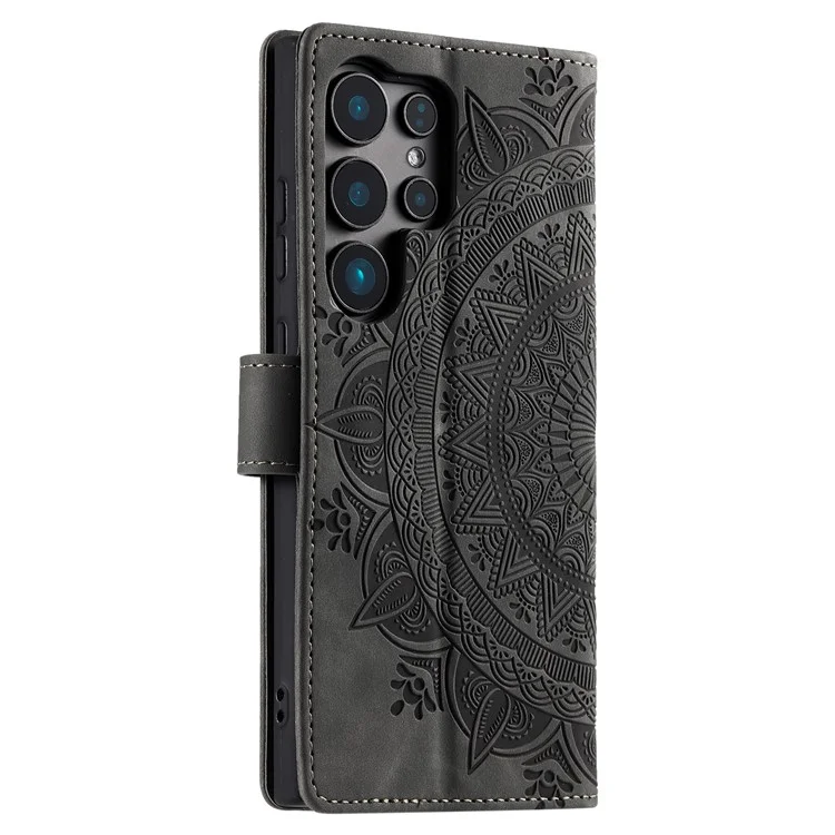 Стильный чехол для Samsung Galaxy S24 Ultra, модель 018, с тисненым тотемным рисунком, кожаный, с функцией бумажника - серого цвета
