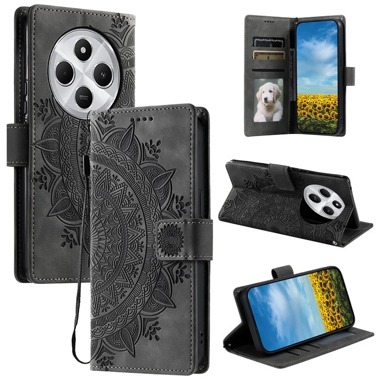Custodia per telefono Stile 018 per Xiaomi Redmi 14C 4G / 14R 5G / Poco C75 4G, con motivo impresso, sensazione di pelle di portafoglio, copertura in pelle - Grigio