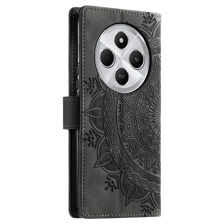 Custodia per telefono Stile 018 per Xiaomi Redmi 14C 4G / 14R 5G / Poco C75 4G, con motivo impresso, sensazione di pelle di portafoglio, copertura in pelle - Grigio