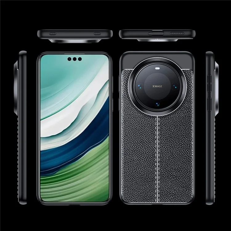 Coque pour Huawei Mate 70 Pro, texture de litchi en TPU souple, noire