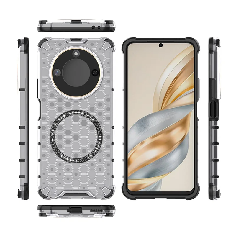 For Honor X60 5G Magnetic Case Honeycomb Design TPU+PC Phone Cover - Transparent