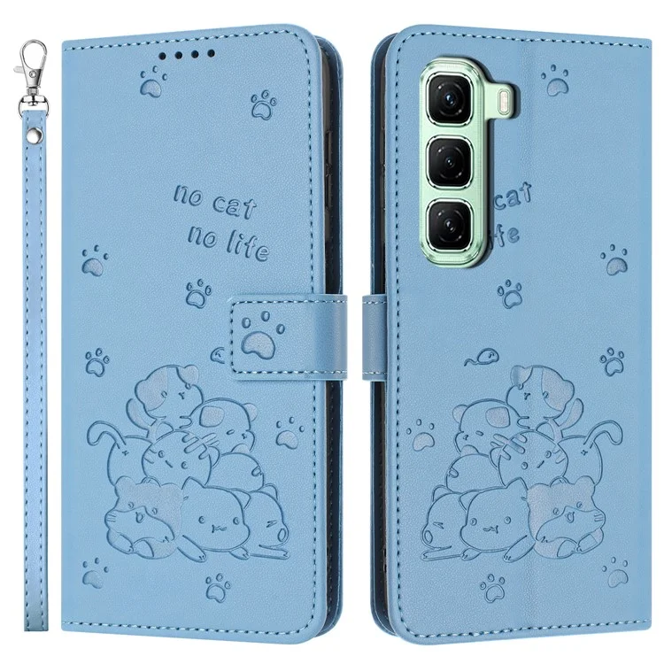 Für Infinix Hot 50 Pro 4G Hülle mit Riemen Katzen Prägung Leder Brieftasche Handyhülle - Blau