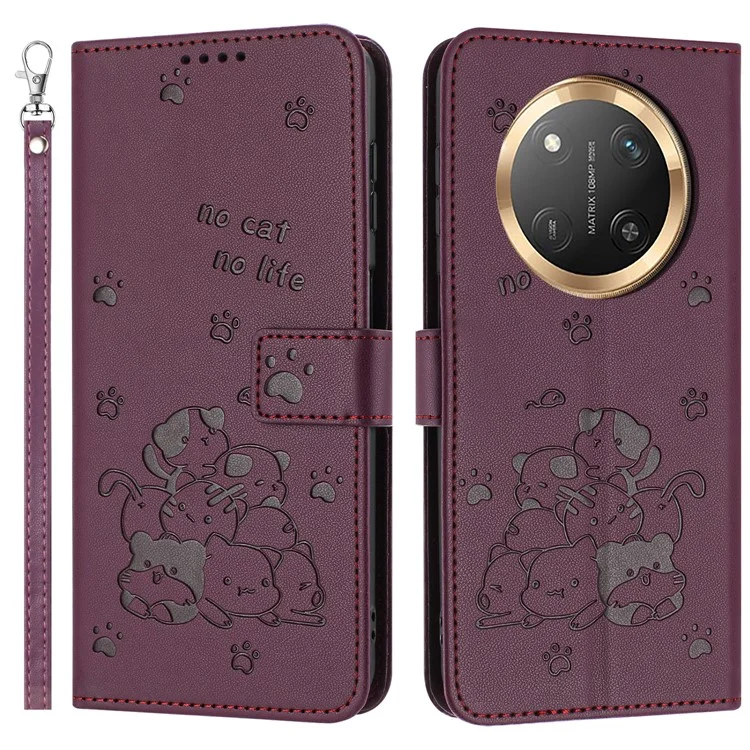 Étui avec dragonne pour For Honor X9c 5G / X60 Pro 5G, motif de chats, cuir, étui portefeuille pour téléphone - Rouge vin