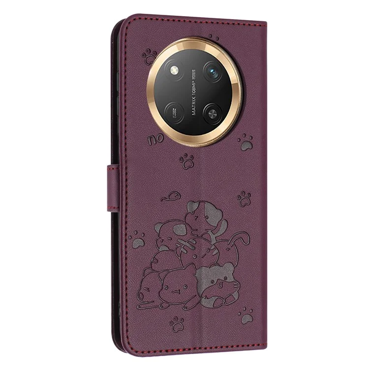 Étui avec dragonne pour For Honor X9c 5G / X60 Pro 5G, motif de chats, cuir, étui portefeuille pour téléphone - Rouge vin