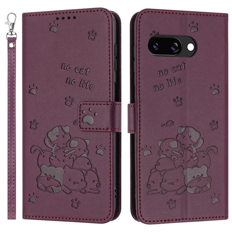 Coque Google Pixel 9a avec bandoulière, motif chat, portefeuille en cuir - Rouge vin