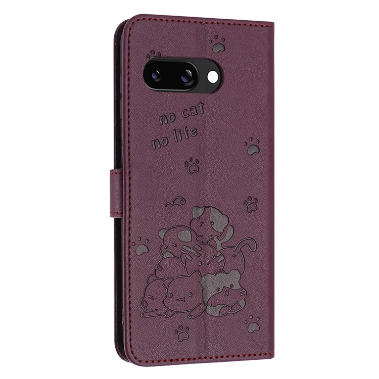 Coque Google Pixel 9a avec bandoulière, motif chat, portefeuille en cuir - Rouge vin