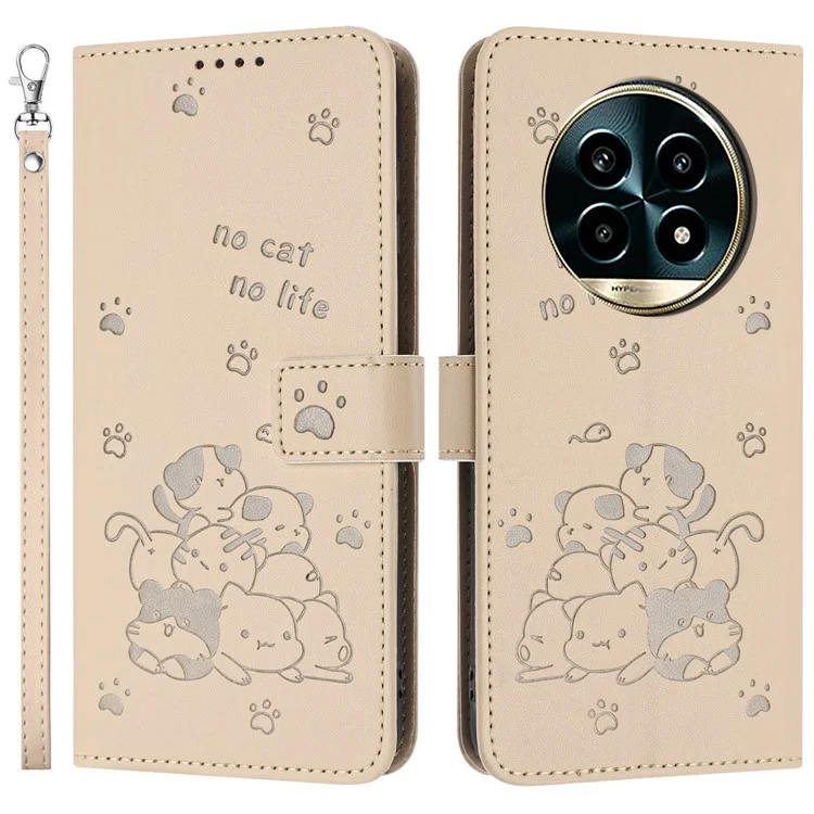 Étui pour Realme 13+ 5G / 13 Pro 5G avec sangle, motif de chat, portefeuille en cuir, étui de téléphone - Beige