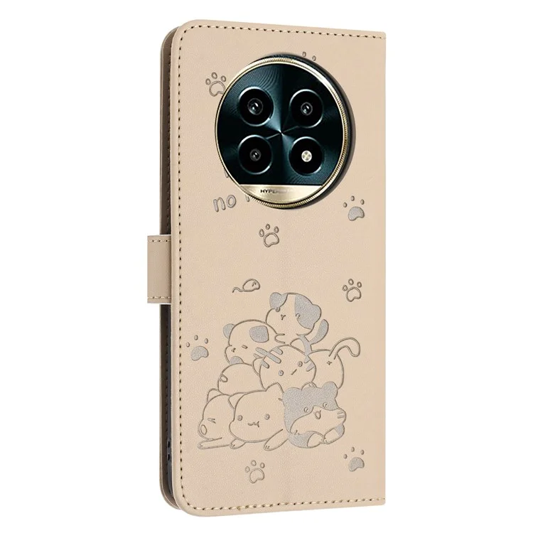 Étui pour Realme 13+ 5G / 13 Pro 5G avec sangle, motif de chat, portefeuille en cuir, étui de téléphone - Beige