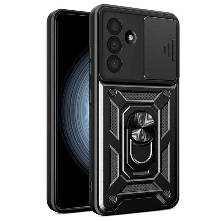 Étui pour Samsung Galaxy A56 avec couvercle coulissant pour caméra PC+TPU avec support - Noir