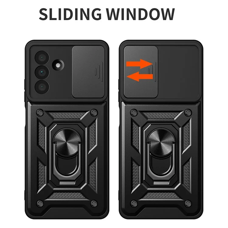 Étui pour Samsung Galaxy A56 avec couvercle coulissant pour caméra PC+TPU avec support - Noir