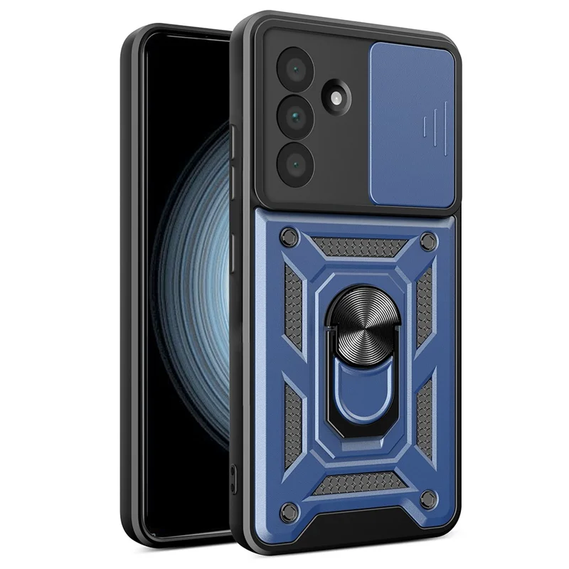 For Samsung Galaxy A56 5G Case with Slide Camera Lid PC+TPU Kickstand Phone Cover - Blue
