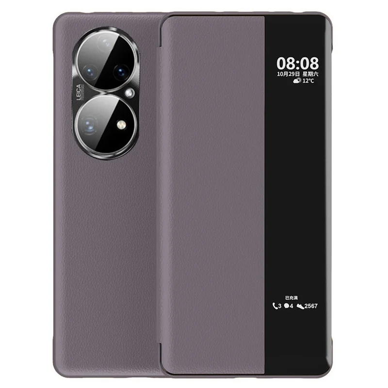 Ver Estuche Del Teléfono de la Ventana Para Huawei P50 4G, Botón Táctil de Diapositivas PU Cuero Wake / Sleep Folio Flip Cover - Violeta