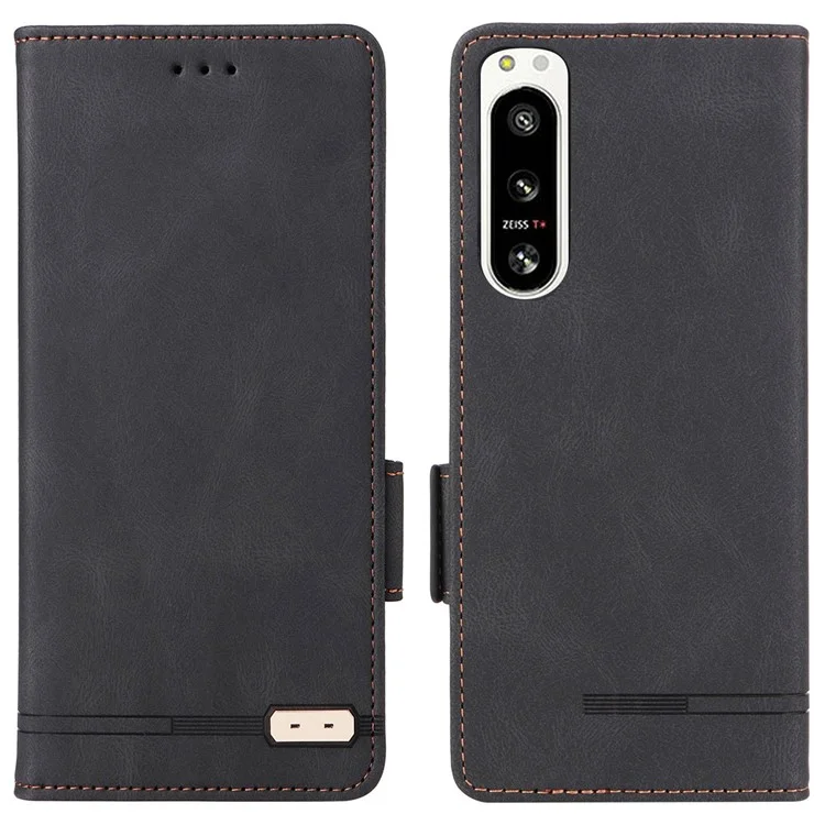 Hardware Decor Phone Case for Sony Xperia 5 IV 5G, Full Protection Dual Magnetic Clasp PU Leather Wallet Stand Phone Cover - Black