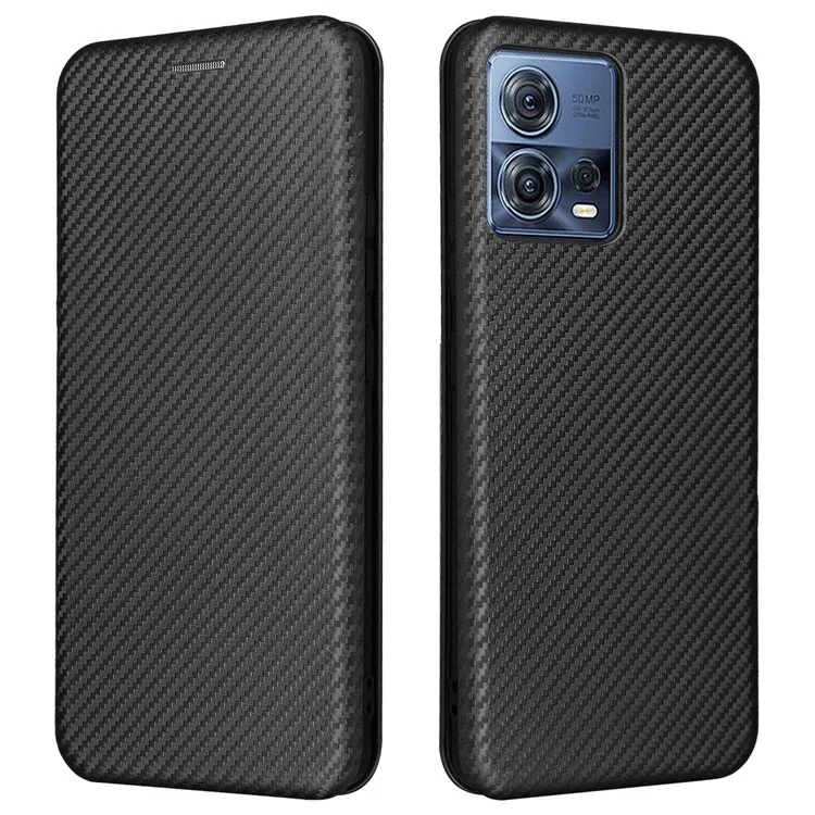Para Motorola Moto S30 Pro 5G / Edge 30 Fusion 5G Textura de Fibra de Carbono Funda Protectora de Piel de PU Tipo Folio Soporte Soporte Ranuras para Tarjetas Absorción Magnética Protectora Funda - Negro